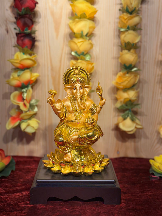 Golden Ganesha Idol on Lotus Base