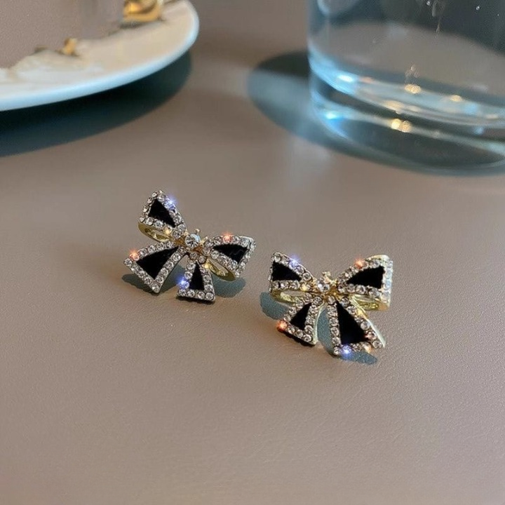 Black Bow Zircon Earrings - Image 2