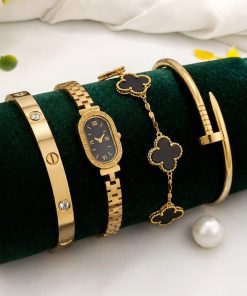 4-Piece Stainless Steel Bracelet & Bangle Set  & Watch