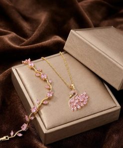 Golden Pink Tulip Swan Jewelry Set