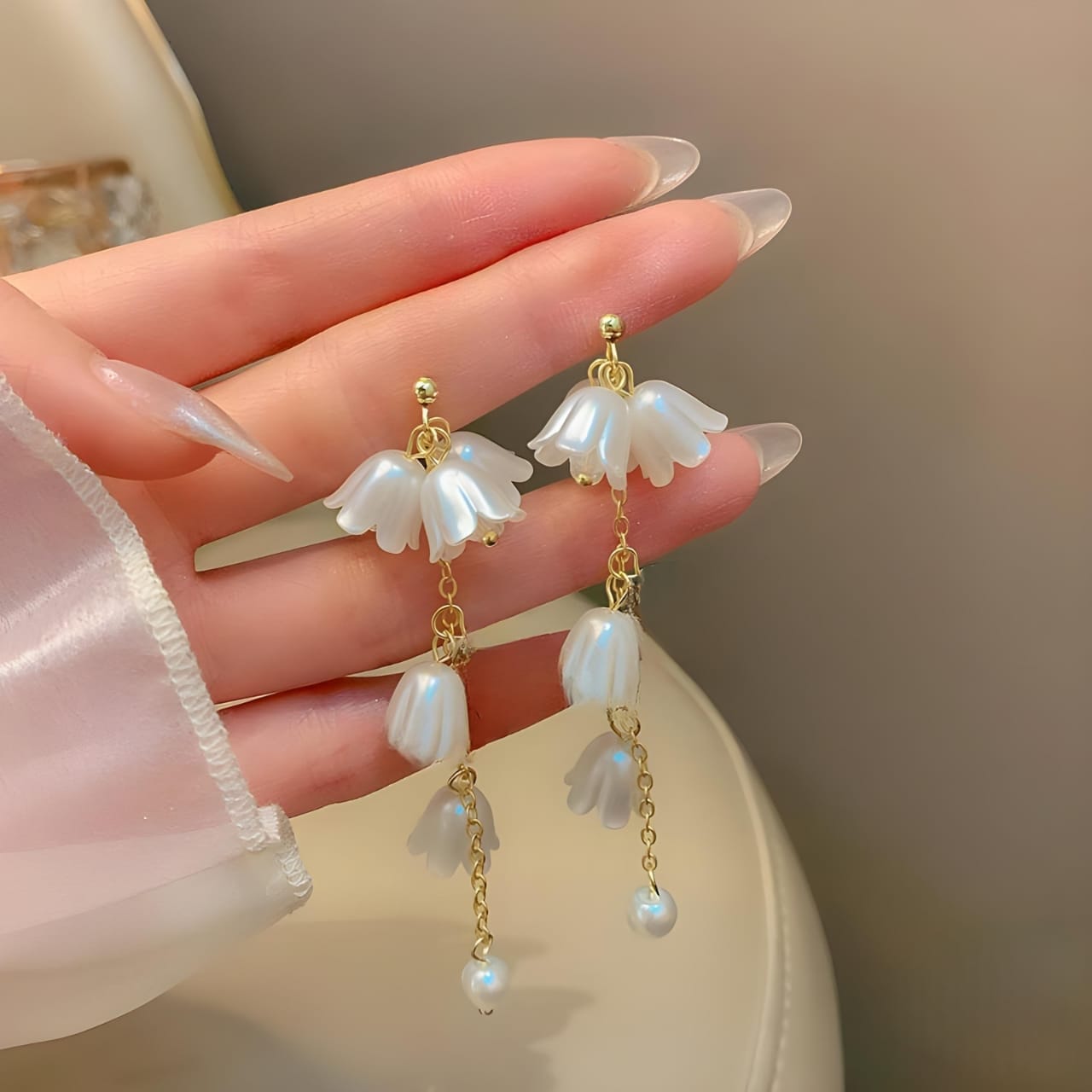 Elegant Pearl Flower Drop Earrings - Image 2