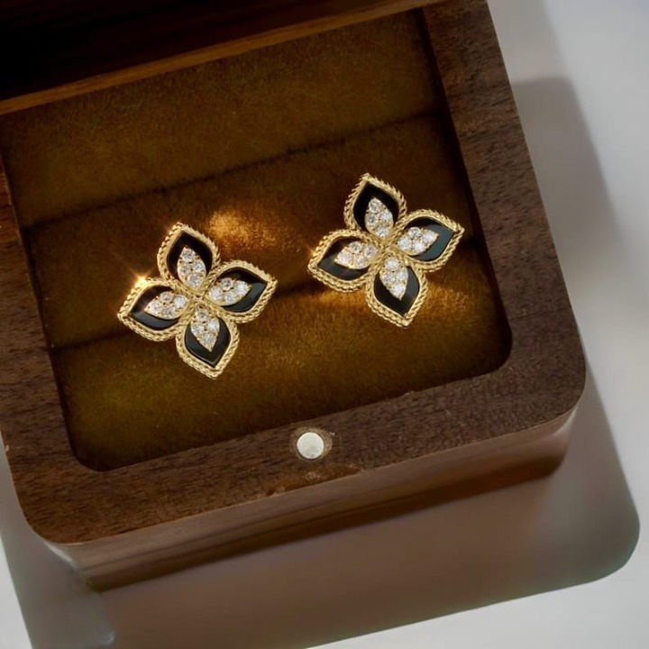 Black & Gold Floral Earrings - Image 2