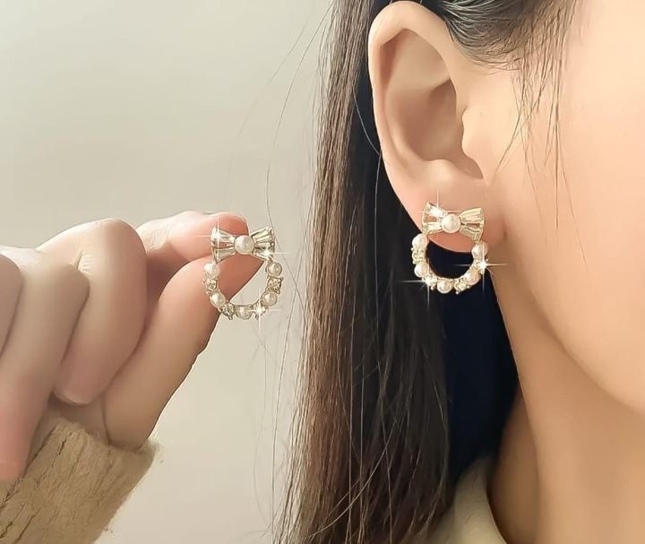 Golden Pearl Bow Korean Earrings - Image 2