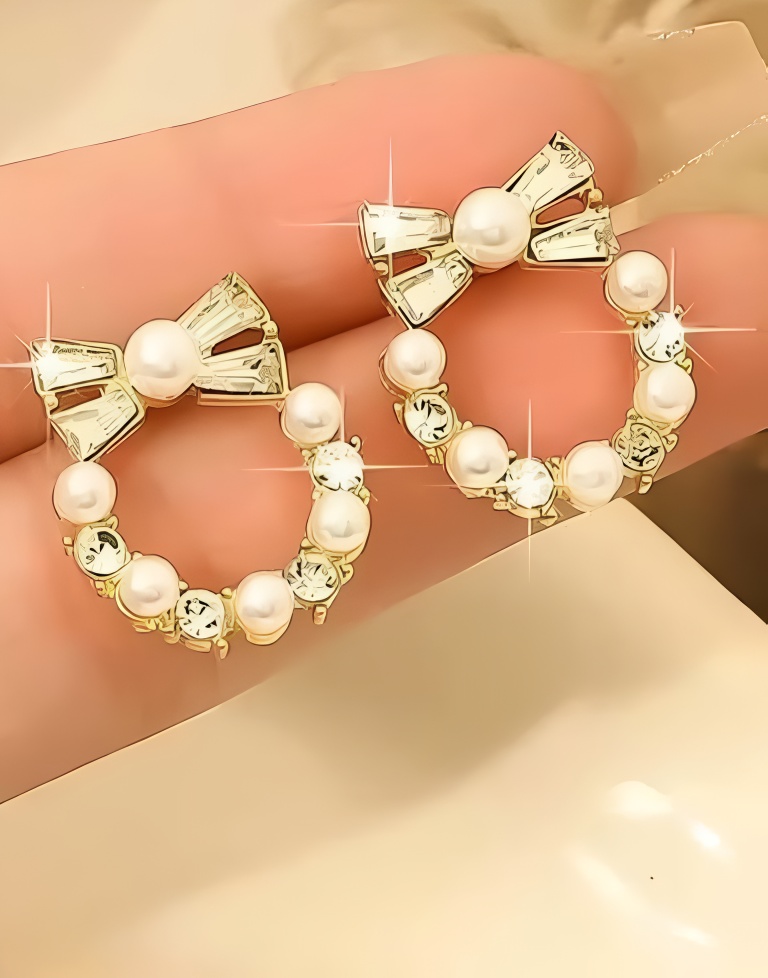 Golden Pearl Bow Korean Earrings - Image 3