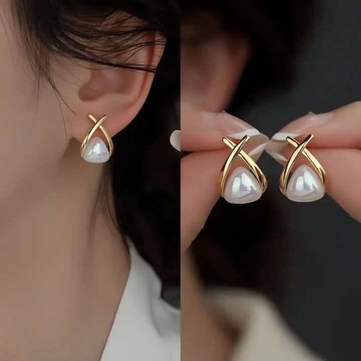 Korean Cross Pearl Earrings - Image 3